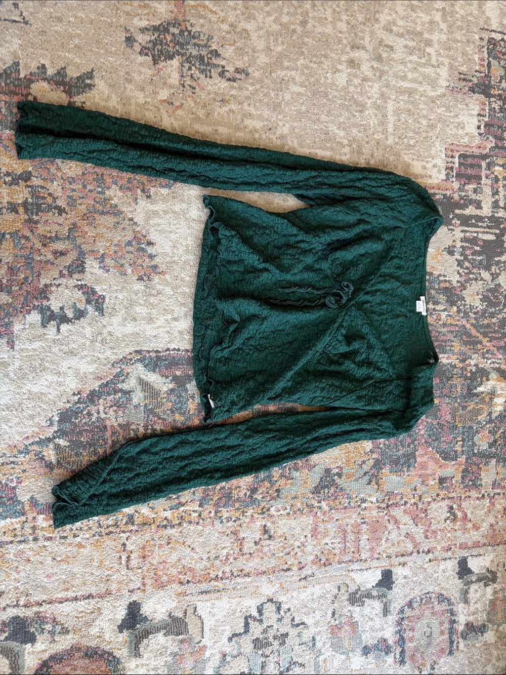 Dark Green Textured Long Sleeve Crop Top